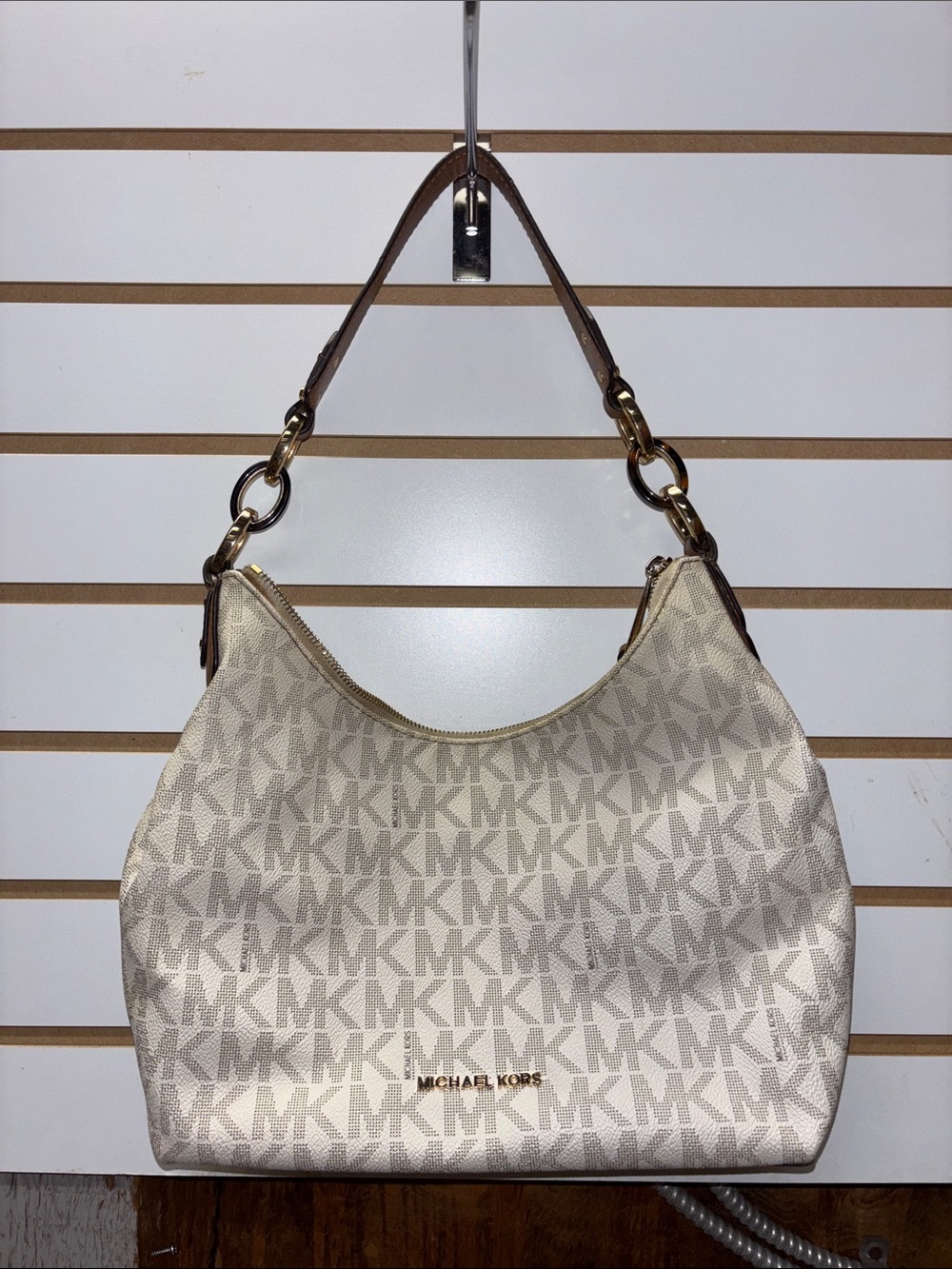 Michael Kors Cream and Brown MK Logo Shoulder Hobo